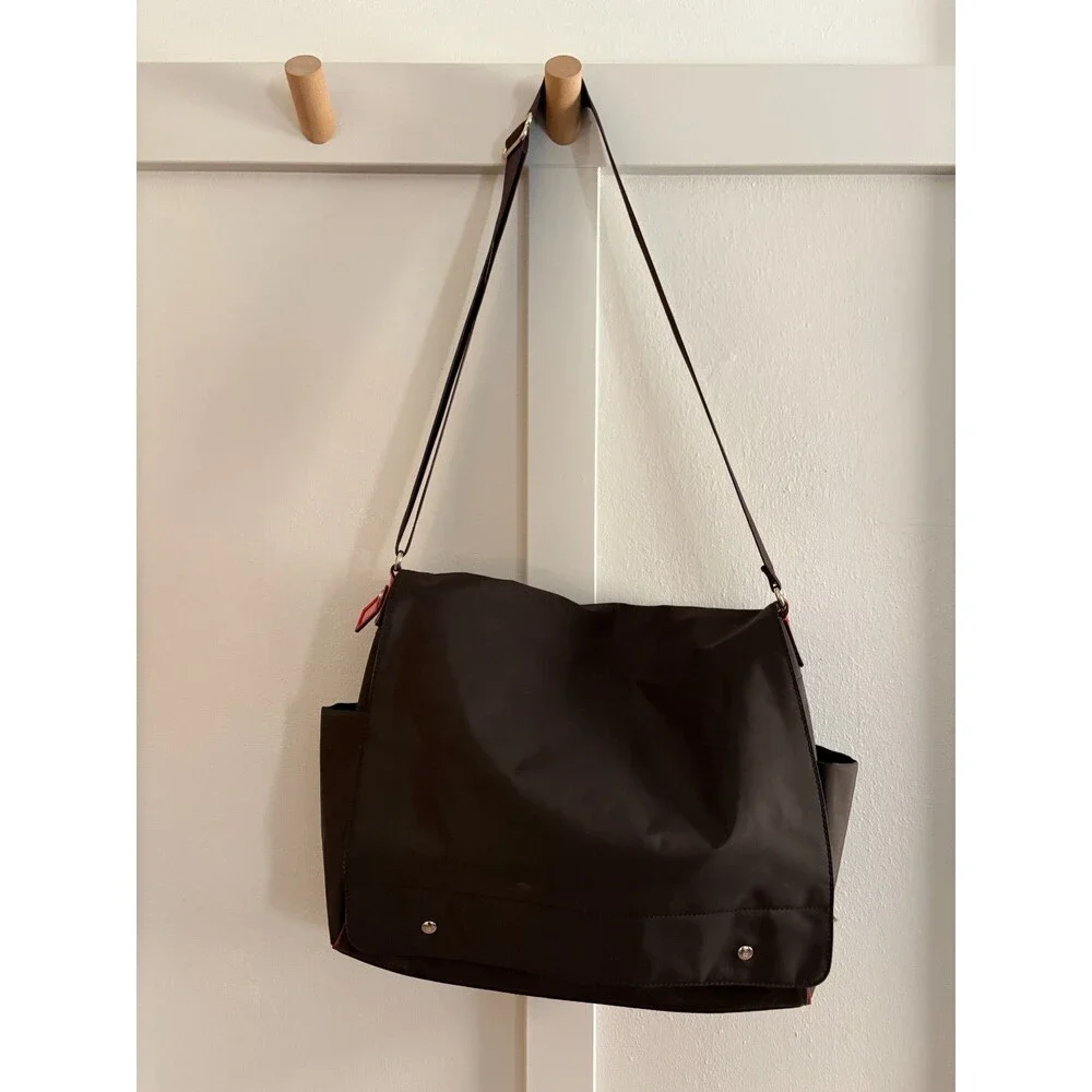 Kate Spade New York brown + red nylon + leather Baby Bag Tote messenger workbag